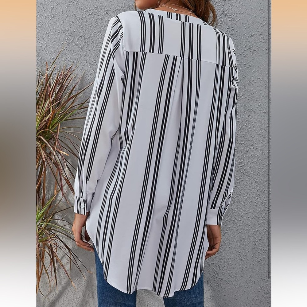 Top Shirt Stripes Lightweight Buttons Long Sleeves 3/4 Sleeves Roll-Up Cuffs 2XL - Picture 4 of 12